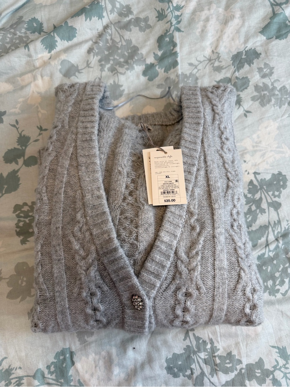 NWT Gray Cable-Knit Cardigan with sparkle buttons